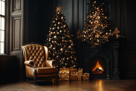 Classic Christmas Interior, Fireplace, Decorated Christmas Tree, Gifts, Leather Armchairの素材