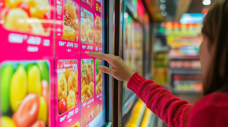 Customer Ordering Food On Digital Menu Screen Kiosk In Modern Fast Food Restaurant, Close Up View.の素材