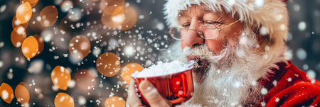 Jolly Santa Claus Enjoying Snowfall and Festive Drink, Embracing Christmas Magic and Holiday Cheerの素材