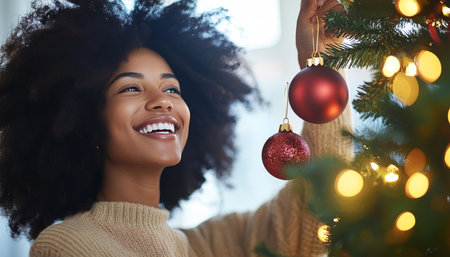 Beautiful Woman Decorates Christmas Tree With Ornaments African American Female Adding Red Baublesの素材