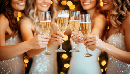 Cheerful girlfriends celebrating with sparkling drinks, a joyful moment toasting under party lightsの素材