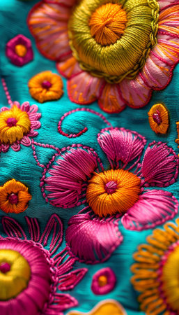 Vibrant Textile Close-up of Colorful, Intricately Embroidered Fabric with Floral Designsの素材