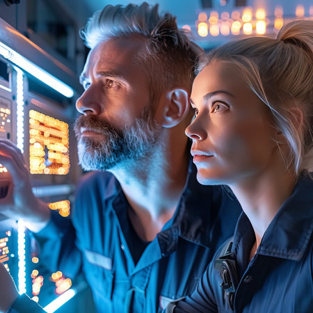 Tech Specialists Monitor Server Room, Analyzing System Performance for Optimal Operation.の素材