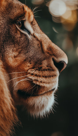 Majestic Lion in Profile Close-Up of Golden Mane Texture, Wildlife Portrait with Intense Gazeの素材
