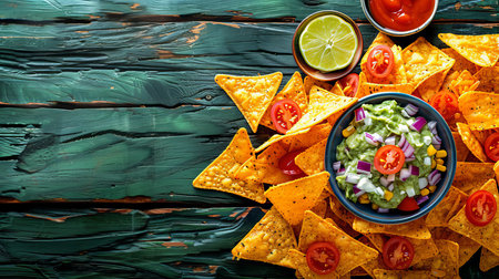 Crispy Tortilla Chips with Fresh Guacamole, Salsa, Lime, and Tomatoes on Rustic Wooden Backgroundの素材