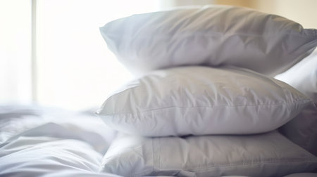 Stack of Soft, White Pillows on a Bed A Cozy Bedroom Scene Lit by Natural Window Lightの素材