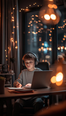 Elementary School Boy in Headphones Studying Online, Using Laptop for Remote Learning at Homeの素材