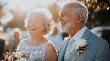 Golden Years, Golden Love A Happy Senior Couple Smiles Brightly on Their Wedding Day.の素材