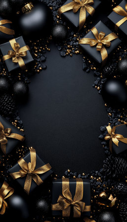 Elegant Black and Gold Christmas Background, Frame of Gift Boxes, Baubles, Xmas Decorationの素材