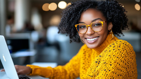 Happy Young Businesswoman Working on Laptop, Smiling at Camera in Modern Office Spaceの素材