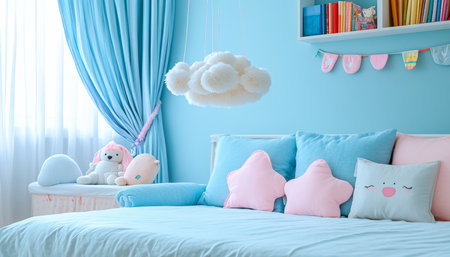 Pastel Blue Cozy Kids Bedroom Decor with Pillows, Hanging Decorations, Bed and Soft Toy, No Peopleの素材
