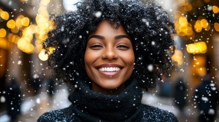 Joyful woman with a bright smile enjoys the magic of winter. Holiday cheer amongst falling snowの素材