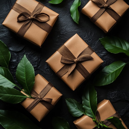 Luxury Gift Boxes on Black Background with Green Leaves Decoration, Flat Lay for Black Friday Saleの素材