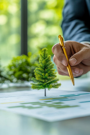 Businessman analyzing charts with miniature tree, symbolizing environmental sustainability.の素材