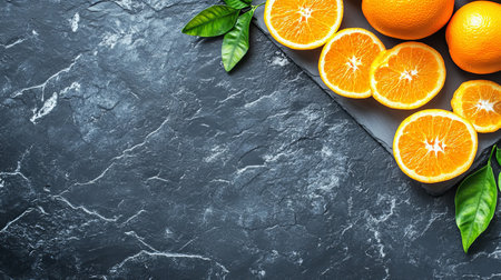 Freshly Cut Orange Slices and Whole Oranges Arranged on a Black Slate Background, Top Viewの素材