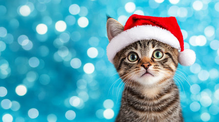 Adorable Tabby Kitten Wearing a Santa Hat on Blurry Festive Background, Christmas Conceptの素材