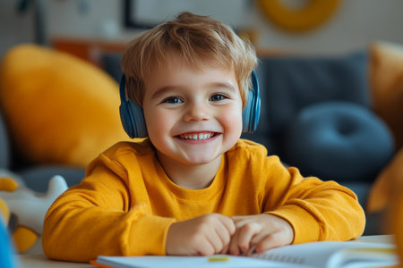 Happy Elementary School Child Listening and Learning with Headphones, Enjoying Home Educationの素材