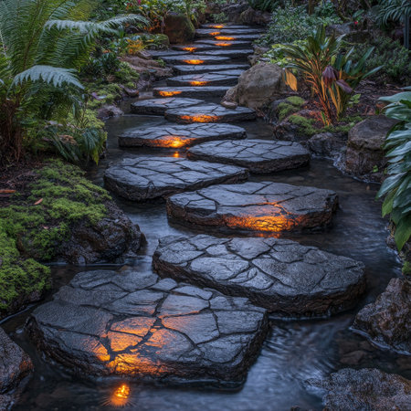 Enchanting Garden Walkway Illuminated Stone Path Amidst Lush Greenery, Evening Ambianceの素材