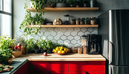 Bright, Modern Kitchen Design with Red Cabinets, Geometric Backsplash, Stainless Steel Appliancesの素材