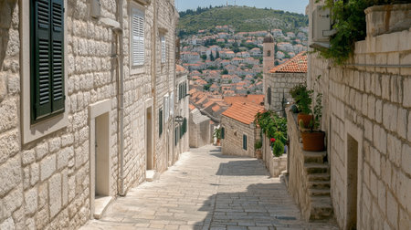 Narrow cobblestone street, historic stone houses with green plants, windows, sunny skyの素材