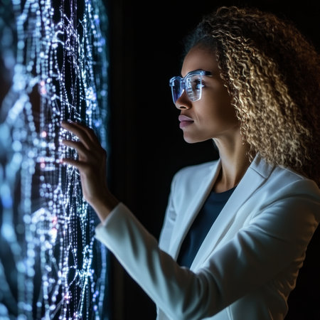 IT Specialist Analyzing Futuristic Holographic Security Data, Cybersecurity Threat Detectionの素材