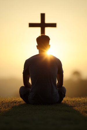 Silhouette of Man Praying Near Wooden Cross in Meadow at Sunset, Faith and Spiritualityの素材