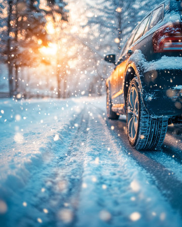 Car Driving on Snowy Road During Scenic Winter Sunset, Demonstrating Importance of Snow Tiresの素材