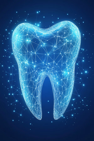 Abstract Digital Tooth On Blue Background. Dentistry, Stomatology, Oral Care Concept. 3D.の素材