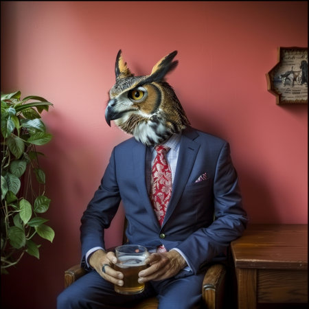 Contemplative Owl Enjoying Drink as Fashionable Entrepreneur, Humorous Conceptual Fine-Art Portraitの素材