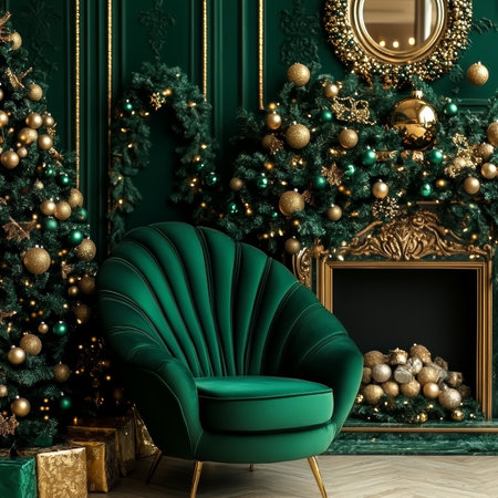 Elegant green velvet armchair in a luxurious interior with a Christmas tree and a fireplace.,の素材
