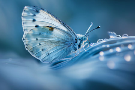 Gentle White Butterfly on Dewy Leaves, Ethereal Nature Photography, Minimalist Designの素材