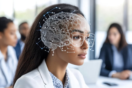 Focused Businesswoman with Artificial Intelligence Hologram Analyzing Data in Modern Office Spaceの素材