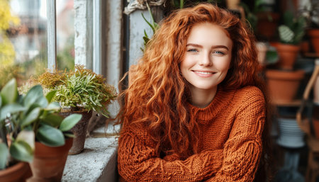 Portrait of a Beautiful Smiling Young Redhead Woman, Wearing an Orange Sweater by the Windowの素材