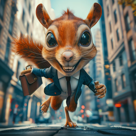 Squirrel Businessman in Suit with a Briefcase, Confidently Running Down a Busy City Streetの素材
