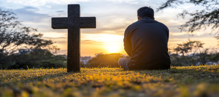 Man Finding Solace in Faith, Sitting by Cross At Sunset Contemplating Life And Spiritualityの素材