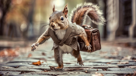 Determined Squirrel with Briefcase in Vintage Business Attire Navigates Cobblestone Streetの素材