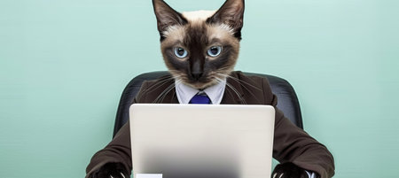 Serious Cat in a Suit, Focused on Work, Laptop, Office, Minimalist Design. Pastel Colorsの素材