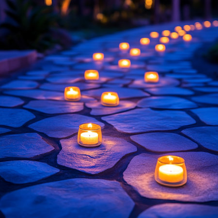 Romantic Pathway Lit by Candles in Glass Votives at Night, Creating a Serene and Peaceful Ambiance.の素材