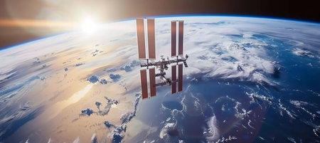 International Space Station Orbiting Earth, Concept of Space Exploration and Scientific Discoveriesの素材