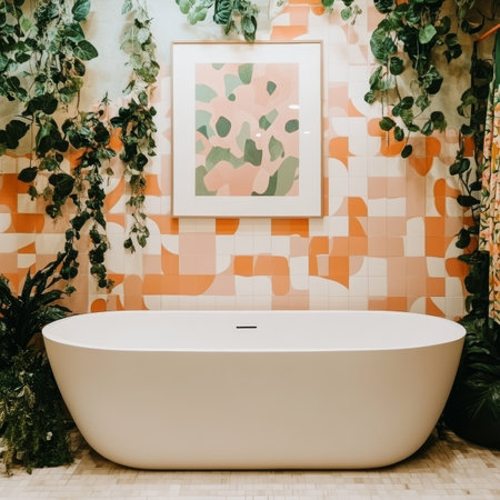 Modern Bathroom with Freestanding Tub, Lush Greenery, and Geometric Orange and Pink Tile Wallの素材