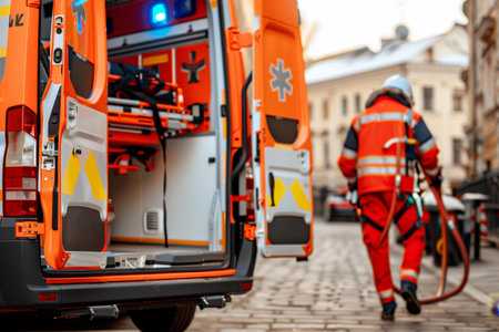 Emergency Medical Response in the City Paramedic Prepares an Ambulance for a Patientの素材