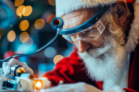 Focused Santa Claus Repairing Electronics with Precision Tools, Christmas Workshop Sceneの素材