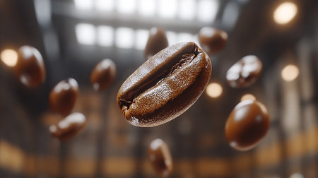 Freshly Roasted Coffee Beans Floating in an Industrial Setting, 8K High-Resolution Photoの素材