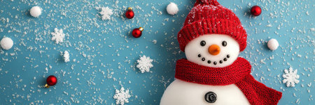 Snowman with red scarf on blue background with snowflakes and baubles., Christmas greeting cardの素材
