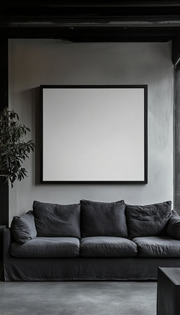 Minimalist Interior Design Grey Sofa, Blank Picture Frame Mockup on Wall, Minimalist Living Room.の素材