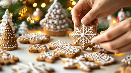 Holiday Baking Magic Hands Decorating Festive Cookies Amidst Twinkling Christmas Lightsの素材