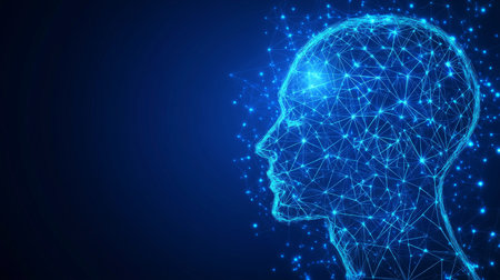 Abstract Digital Human Head on Blue Background - AI, Big Data, Machine Learning Conceptの素材