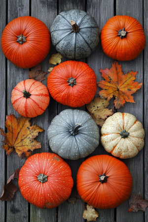 Autumn Abundance Festive Still Life of Pumpkins and Leaves on Rustic Wood Backgroundの素材