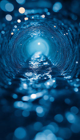Abstract Water Tunnel, A Vortex Of Blue Energy And Fluid Motion, Blurred Lights And Textured Surfaceの素材