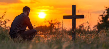 Silhouette Of Man Kneeling By Wooden Cross In Meadow At Sunset, Finding Solace And Strength,の素材